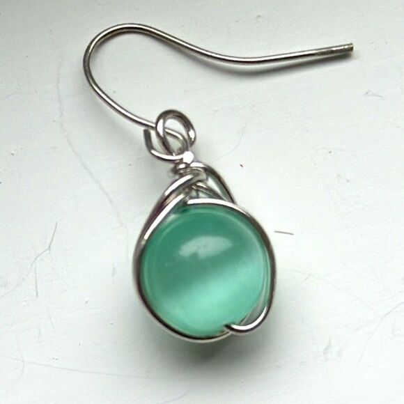 Seafoam Glass Orb Drop Earrings, Minimalist Wire Wrap with Keepsake Pouch - Picture 4 of 7